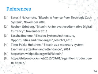 References
[1.] Satoshi Nakamoto, “Bitcoin: A Peer-to-Peer Electronic Cash
System”, November 2008
[2.] Reuben Grinberg, “Bitcoin: An Innovative Alternative Digital
Currency”, November 2011
[3.] Sascha Boehme, “Bitcoin: System Architecture,
Opportunities and Challenges”, March 9,2015
[4.] Timo-Pekka Huhtinen, “Bitcoin as a monetary system:
Examining attention and attendance”, 2014
[5.] https://en.wikipedia.org/wiki/Bitcoin/
[6.] https://bitsonblocks.net/2015/09/01/a-gentle-introduction-
to-bitcoin/
54
 