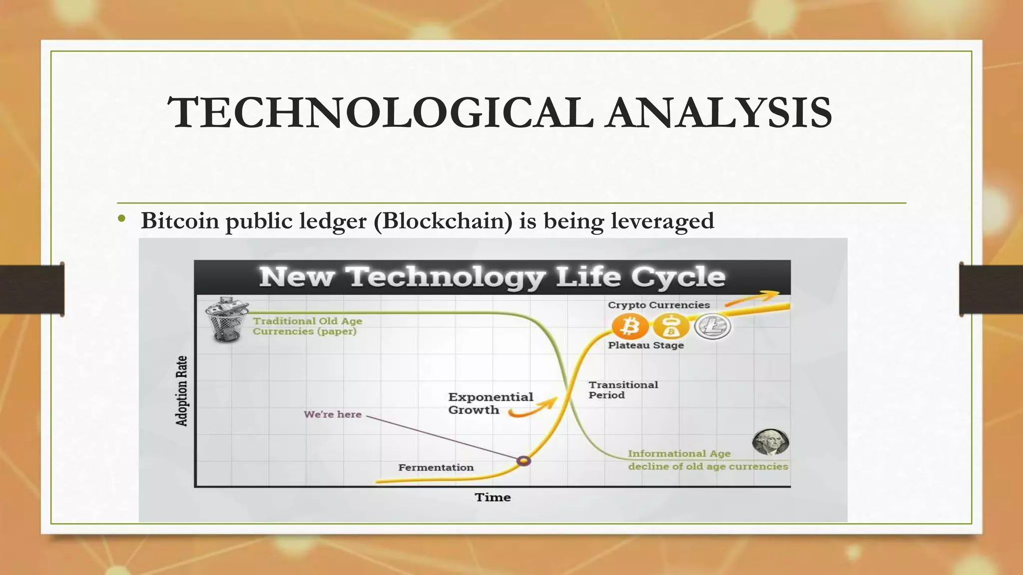 TECHNOLOGICAL ANALYSIS
• Bitcoin public ledger (Blockchain) is being leveraged
 