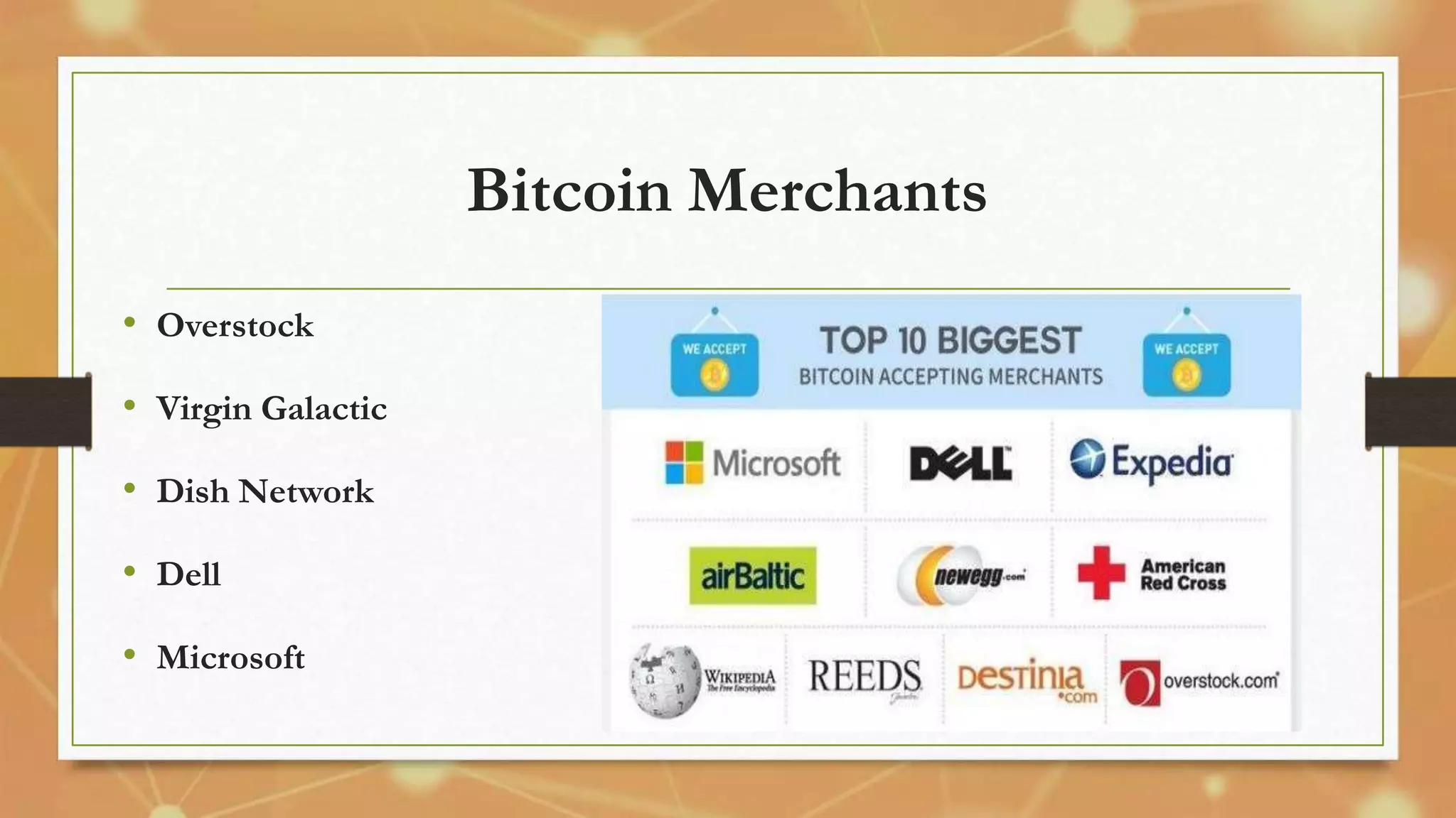 Bitcoin Merchants
• Overstock
• Virgin Galactic
• Dish Network
• Dell
• Microsoft
 