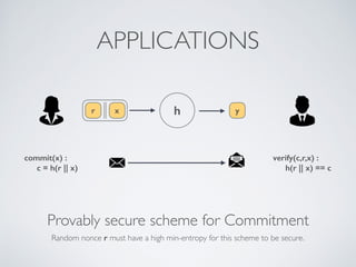 Provably secure scheme for Commitment
Random nonce r must have a high min-entropy for this scheme to be secure.
APPLICATIONS
h y
x
r
commit(x) :
c = h(r || x)
verify(c,r,x) :
h(r || x) == c
 