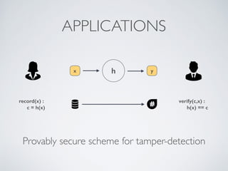 Provably secure scheme for tamper-detection
APPLICATIONS
h y
x
record(x) :
c = h(x)
verify(c,x) :
h(x) == c
 
