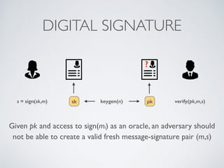 Given pk and access to sign(mi) as an oracle, an adversary should
not be able to create a valid fresh message-signature pair (m,s)
DIGITAL SIGNATURE
pk
sk
?
s = sign(sk,m) verify(pk,m,s)
keygen(n)
 