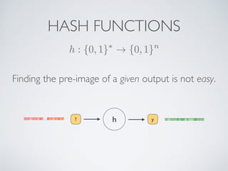 Finding the pre-image of a given output is not easy.
HASH FUNCTIONS
h y
?
101011101011001…0010110100101 101110101001000110111100010101
 