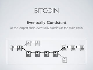 BITCOIN
Eventually-Consistent
as the longest chain eventually sustains as the main chain
 