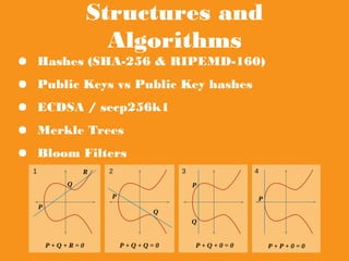 Structures and Algorithms
● Hashes (SHA-256 & RIPEMD-160)
● Public Keys vs Public Key hashes
● ECDSA / secp256k1
● Merkle Trees
● Bloom Filters
 