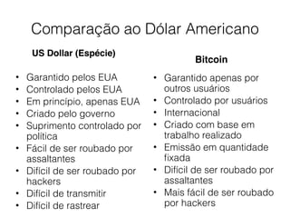 Comparação ao Dólar Americano
US Dollar (Espécie)
• Garantido pelos EUA
• Controlado pelos EUA
• Em princípio, apenas EUA
• Criado pelo governo
• Suprimento controlado por
política
• Fácil de ser roubado por
assaltantes
• Difícil de ser roubado por
hackers
• Difícil de transmitir
• Difícil de rastrear
Bitcoin
• Garantido apenas por
outros usuários
• Controlado por usuários
• Internacional
• Criado com base em
trabalho realizado
• Emissão em quantidade
ﬁxada
• Difícil de ser roubado por
assaltantes
• Mais fácil de ser roubado
por hackers
 