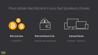 Interface
Envoyer / Recevoir
Portefeuille
Adresse de portefeuille
Bitcoins
0.0025 BTC
Pour utiliser des bitcoins il vous faut plusieurs choses
 