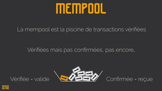 MEMPOOL
La mempool est la piscine de transactions vériﬁées
Vériﬁées mais pas conﬁrmées, pas encore…
Vériﬁée = valide Conﬁrmée = reçue
 