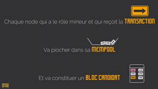 Va piocher dans sa mempool
Et va constituer un bloc candidat
Chaque node qui a le rôle mineur et qui reçoit la Transaction
 
