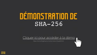 Démonstration de
SHA-256
Cliquer ici pour accéder à la démo
https://emn178.github.io/online-tools/sha256.html
 