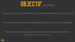 Trouver un résultat qui commence par un certains nombre de zéros (ou plus)
Plus le nombre de zéros demandé est élevé, plus le calcul est complexe
Ce nombre de zéros est ajusté en fonction de la rapidité des mineurs
Objectif du mineur
(Pour respecter la règle des 10 minutes par bloc)
 