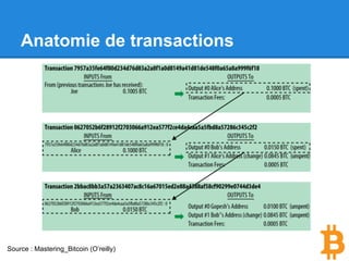 Les transactions / blockchain.
Les transactions vont être groupées dans des
“blocks” qui vont être insérés dans le
blockchain.
Pour qu’un block soit inséré dans le blockchain
et soit considéré comme “officiel”, les mineurs
vont, avec le contenu du block, essayer de
résoudre un problème cryptographique très
complexe ce qui le rendra “infalsifiable”.
 