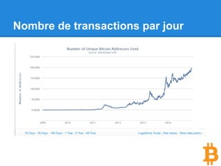 Une monnaie programmable
Dernière chose, la plupart des transactions sont
débloquées grâce à une clé privée mais Bitcoin permet
aussi de spécifier des règles complexes pour accéder à
une transaction.
Par exemple, pour accéder aux bitcoins d’une transaction,
on pourrait demander que deux clés privées soient utilisées
pour le déverrouillage au lieu d’une : celle de la
comptabilité et du directeur financier.
C’est pour cela qu’on dit que Bitcoin est une monnaie
programmable.
 