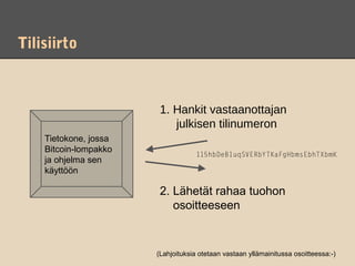 Tilisiirto



                        1. Hankit vastaanottajan
                           julkisen tilinumeron
    Tietokone, jossa
    Bitcoin-lompakko
                                    115hbDeB1uqSVERbYTKaFgHbmsEbhTXbmK
    ja ohjelma sen
    käyttöön

                        2. Lähetät rahaa tuohon
                           osoitteeseen


                       (Lahjoituksia otetaan vastaan yllämainitussa osoitteessa:-)
 