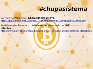 Carteira do WikiLeaks: 3.856,90982953 BTC
https://blockchain.info/address/1HB5XMLmzFVj8ALj6mfBsbifRoD4miY36v
Para defender Snowden, o WikiLeaks recebeu mais de 105
bitcoins
http://www.dailydot.com/politics/wikileaks-snowden-bitcoin-defense-donations
#chupasistema
 