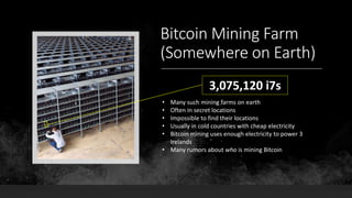 Bitcoin Mining Farm
(Somewhere on Earth)
3,075,120 i7s
• Many such mining farms on earth
• Often in secret locations
• Impossible to find their locations
• Usually in cold countries with cheap electricity
• Bitcoin mining uses enough electricity to power 3
Irelands
• Many rumors about who is mining Bitcoin
 