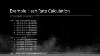 Example Hash Rate Calculation
B is easier to find so we'll start with it.
Step 1: Convert 8 timestamps into seconds:
• 2019-12-06 02:37 => 1575599820
• 2019-12-06 02:19 => 1575598740
• 2019-12-06 02:12 => 1575598320
• 2019-12-06 01:46 => 1575596760
• 2019-12-06 01:44 => 1575596640
• 2019-12-06 01:26 => 1575595560
• 2019-12-06 01:24 => 1575595440
• 2019-12-06 01:15 => 1575594900
Step 2: Calculate intervals
• 1575599820 – 1575598740 = 1080
• 1575598740 – 1575598320 = 420
• 1575598320 - 1575596760 = 1560
• 1575596760 - 1575596640 = 120
• 1575596640 - 1575595560 = 1080
• 1575595560 - 1575595440 = 120
• 1575595440 - 1575594900 = 540
Step 3: Compute median: 120 120 420 540 1080 1080 1560
 