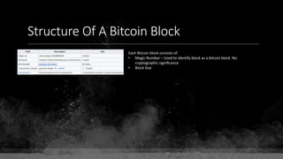 Structure Of A Bitcoin Block
Each Bitcoin block consists of:
• Magic Number – Used to identify block as a bitcoin block. No
cryptographic significance
• Block Size
 
