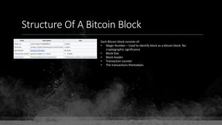 Structure Of A Bitcoin Block
Each Bitcoin block consists of:
• Magic Number – Used to identify block as a bitcoin block. No
cryptographic significance
• Block Size
• Block header
• Transaction counter
• The transactions themselves
 