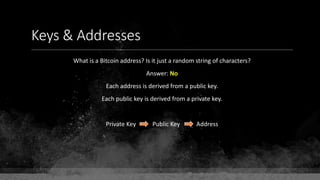 Keys & Addresses
What is a Bitcoin address? Is it just a random string of characters?
Answer: No
Each address is derived from a public key.
Each public key is derived from a private key.
Private Key Public Key Address
 