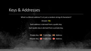 Keys & Addresses
What is a Bitcoin address? Is it just a random string of characters?
Answer: No
Each address is derived from a public key.
Each public key is derived from a private key.
Private Key Public Key Address
Private Key Public Key Address
 