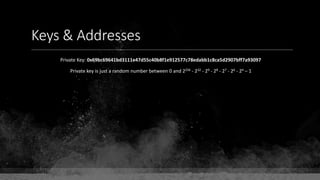 Keys & Addresses
Private Key: 0x69bc69641bd3111e47d55c40b8f1e912577c78edabb1c8ca5d2907bff7a93097
Private key is just a random number between 0 and 2256 - 232 - 29 - 28 - 27 - 26 - 24 – 1
 