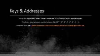 Keys & Addresses
Private Key: 0x69bc69641bd3111e47d55c40b8f1e912577c78edabb1c8ca5d2907bff7a93097
Private key is just a random number between 0 and 2256 - 232 - 29 - 28 - 27 - 26 - 24 – 1
Generator point: 0x0279be667ef9dcbbac55a06295ce870b07029bfcdb2dce28d959f2815b16f81798
 