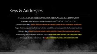 Keys & Addresses
Private Key: 0x69bc69641bd3111e47d55c40b8f1e912577c78edabb1c8ca5d2907bff7a93097
Private key is just a random number between 0 and 2256 - 232 - 29 - 28 - 27 - 26 - 24 – 1
Generator point: 0x0279be667ef9dcbbac55a06295ce870b07029bfcdb2dce28d959f2815b16f81798
To get the unique public key for this private key, we add the generator point to itself private key times.
Public key: 0x0380864b7759a43923d2d0c99b142843fc306199a94995e55cb204d9a91fa09feb
PubkeyHash = SHA256(RipeMD160(Public Key)) = 0xd8e5899f2589b7fa9df2513bf2366d2031f2d478
VersionByte (0x00) | PubkeyHash = 0x00d8e5899f2589b7fa9df2513bf2366d2031f2d478
 