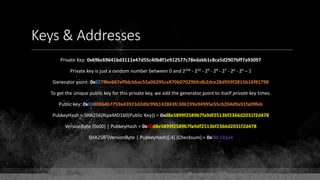 Keys & Addresses
Private Key: 0x69bc69641bd3111e47d55c40b8f1e912577c78edabb1c8ca5d2907bff7a93097
Private key is just a random number between 0 and 2256 - 232 - 29 - 28 - 27 - 26 - 24 – 1
Generator point: 0x0279be667ef9dcbbac55a06295ce870b07029bfcdb2dce28d959f2815b16f81798
To get the unique public key for this private key, we add the generator point to itself private key times.
Public key: 0x0380864b7759a43923d2d0c99b142843fc306199a94995e55cb204d9a91fa09feb
PubkeyHash = SHA256(RipeMD160(Public Key)) = 0xd8e5899f2589b7fa9df2513bf2366d2031f2d478
VersionByte (0x00) | PubkeyHash = 0x00d8e5899f2589b7fa9df2513bf2366d2031f2d478
SHA2562(VersionByte | PubkeyHash)[:4] (Checksum) = 0x08c131a4
 