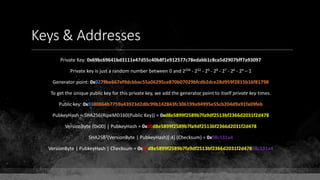 Keys & Addresses
Private Key: 0x69bc69641bd3111e47d55c40b8f1e912577c78edabb1c8ca5d2907bff7a93097
Private key is just a random number between 0 and 2256 - 232 - 29 - 28 - 27 - 26 - 24 – 1
Generator point: 0x0279be667ef9dcbbac55a06295ce870b07029bfcdb2dce28d959f2815b16f81798
To get the unique public key for this private key, we add the generator point to itself private key times.
Public key: 0x0380864b7759a43923d2d0c99b142843fc306199a94995e55cb204d9a91fa09feb
PubkeyHash = SHA256(RipeMD160(Public Key)) = 0xd8e5899f2589b7fa9df2513bf2366d2031f2d478
VersionByte (0x00) | PubkeyHash = 0x00d8e5899f2589b7fa9df2513bf2366d2031f2d478
SHA2562(VersionByte | PubkeyHash)[:4] (Checksum) = 0x08c131a4
VersionByte | PubkeyHash | Checksum = 0x00d8e5899f2589b7fa9df2513bf2366d2031f2d47808c131a4
 