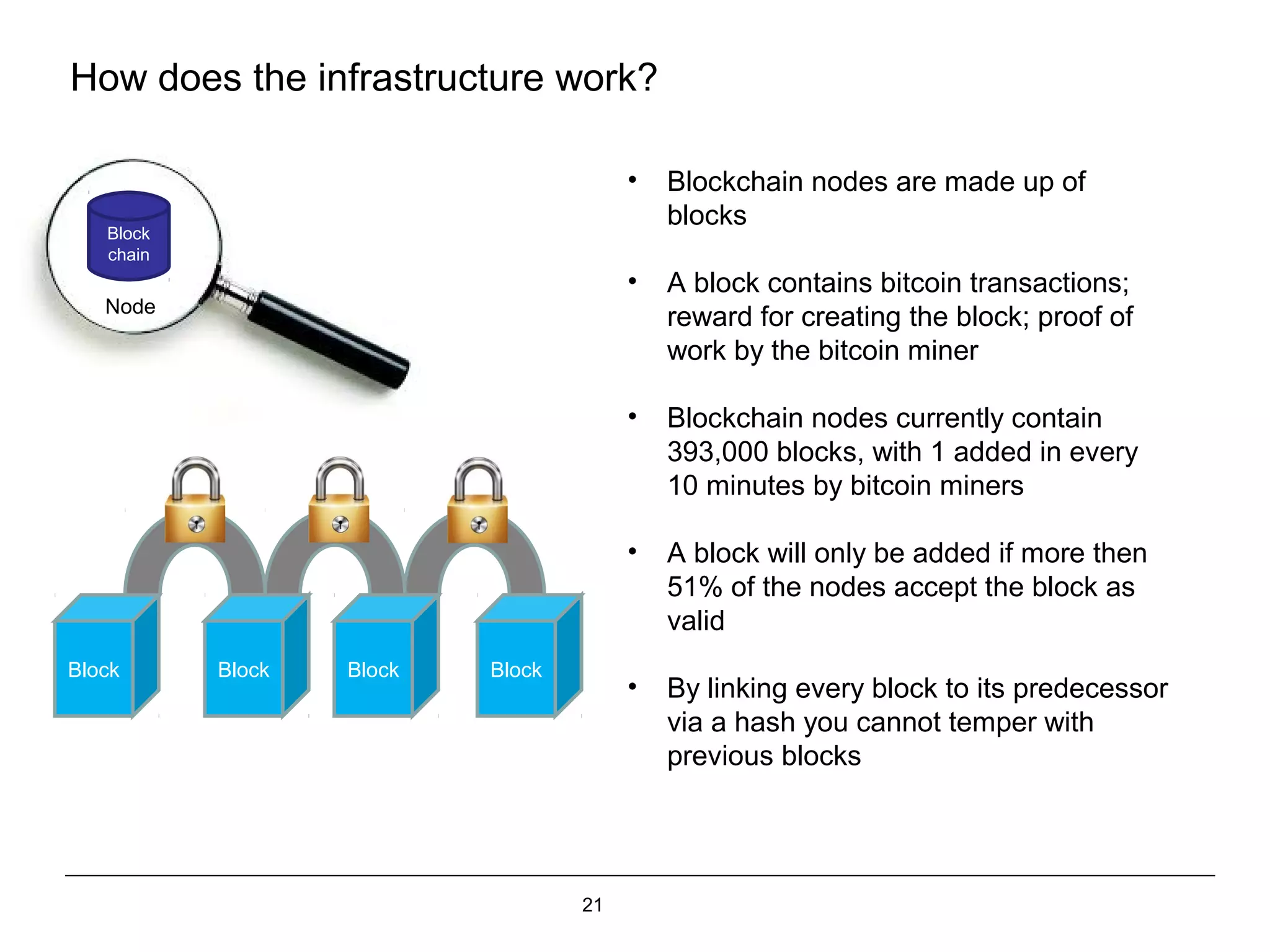 21
Block
chain
Node
Block Block Block Block
• Blockchain nodes are made up of
blocks
• A block contains bitcoin transactions;
reward for creating the block; proof of
work by the bitcoin miner
• Blockchain nodes currently contain
393,000 blocks, with 1 added in every
10 minutes by bitcoin miners
• A block will only be added if more then
51% of the nodes accept the block as
valid
• By linking every block to its predecessor
via a hash you cannot temper with
previous blocks
How does the infrastructure work?
 