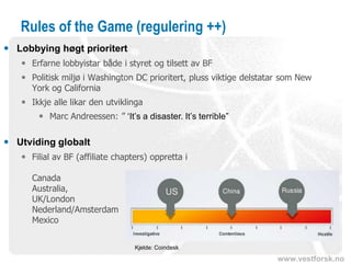 www.vestforsk.no
Rules of the Game (regulering ++)
 Lobbying høgt prioritert
 Erfarne lobbyistar både i styret og tilsett av BF
 Politisk miljø i Washington DC prioritert, pluss viktige delstatar som New
York og California
 Ikkje alle likar den utviklinga
 Marc Andreessen: ” ‘It’s a disaster. It’s terrible”
 Utviding globalt
 Filial av BF (affiliate chapters) oppretta i
Canada
Australia,
UK/London
Nederland/Amsterdam
Mexico
Kjelde: Coindesk
 