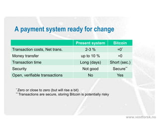www.vestforsk.no
A payment system ready for change
Present system Bitcoin
Transaction costs, Net trans. 2-3 % ≈0*
Money transfer up to 10 % ≈0
Transaction time Long (days) Short (sec.)
Security Not good Secure**
Open, verifiable transactions No Yes
* Zero or close to zero (but will rise a bit)
** Transactions are secure, storing Bitcoin is potentially risky
 