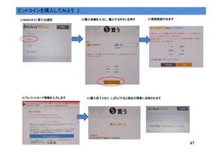 67
ビットコインを購入してみよう 2
1））））MENUから「買う」を選択から「買う」を選択から「買う」を選択から「買う」を選択 3）確認画面が出ます）確認画面が出ます）確認画面が出ます）確認画面が出ます2）購入金額を入力し，購入するボタンを押す）購入金額を入力し，購入するボタンを押す）購入金額を入力し，購入するボタンを押す）購入金額を入力し，購入するボタンを押す
4）クレジットカード情報を入力します）クレジットカード情報を入力します）クレジットカード情報を入力します）クレジットカード情報を入力します 5）購入完了となり，しばらくすると現在の残高に反映されます）購入完了となり，しばらくすると現在の残高に反映されます）購入完了となり，しばらくすると現在の残高に反映されます）購入完了となり，しばらくすると現在の残高に反映されます
 