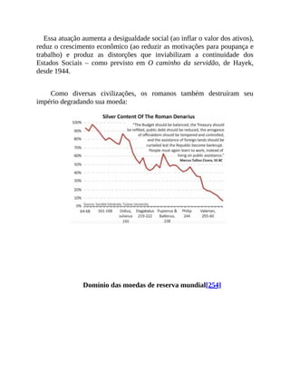 Essa atuação aumenta a desigualdade social (ao inflar o valor dos ativos),
reduz o crescimento econômico (ao reduzir as motivações para poupança e
trabalho) e produz as distorções que inviabilizam a continuidade dos
Estados Sociais – como previsto em O caminho da servidão, de Hayek,
desde 1944.
Como diversas civilizações, os romanos também destruíram seu
império degradando sua moeda:
Domínio das moedas de reserva mundial[254]
 