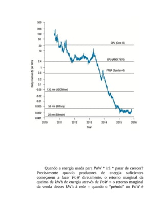 Quando a energia usada para PoW * irá * parar de crescer?
Precisamente quando produtores de energia suficientes
começarem a fazer PoW diretamente, o retorno marginal da
queima de kWh de energia através de PoW = o retorno marginal
da venda desses kWh à rede – quando o “prêmio” no PoW é
 