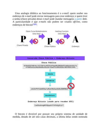 Uma analogia didática ao funcionamento é o e-mail: quem souber seu
endereço de e-mail pode enviar mensagens para esse endereço; e quem tiver
a senha (chave privada) desse e-mail pode mandar mensagens a partir dele.
A particularidade é que e-mails não podem ser criados off-line, como
endereços de bitcoin[326]:
O bitcoin é divisível por possuir seu próprio sistema de unidade de
medida, dotado de até oito casas decimais, a última delas sendo nomeada
 