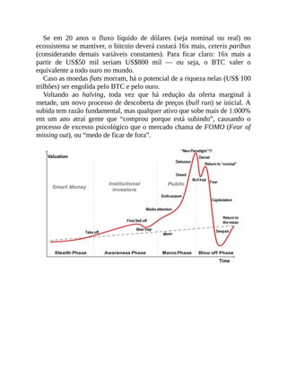 Se em 20 anos o fluxo líquido de dólares (seja nominal ou real) no
ecossistema se mantiver, o bitcoin deverá custará 16x mais, ceteris paribus
(considerando demais variáveis constantes). Para ficar claro: 16x mais a
partir de US$50 mil seriam US$800 mil — ou seja, o BTC valer o
equivalente a todo ouro no mundo.
Caso as moedas fiats morram, há o potencial de a riqueza nelas (US$ 100
trilhões) ser engolida pelo BTC e pelo ouro.
Voltando ao halving, toda vez que há redução da oferta marginal à
metade, um novo processo de descoberta de preços (bull run) se inicial. A
subida tem razão fundamental, mas qualquer ativo que sobe mais de 1.000%
em um ano atrai gente que “comprou porque está subindo”, causando o
processo de excesso psicológico que o mercado chama de FOMO (Fear of
missing out), ou “medo de ficar de fora”.
 