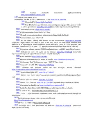 [378] Gráfico atualizado diariamente (@Ecoinometrics):
https://ecoinometrics.substack.com/
[379] Ouro a 50k USD em 2022 /
Can Gold Hit $50,000 By 2022? (Expert Says YES!): https://bit.ly/3qMtQdy
[380] 5 fases do BTC: https://bit.ly/3wcPMiK
[381] Peter Thiel afirma que bitcoin é arma estratégica e roga que EUA pare de vender
os tokens apreendidos: https://bit.ly/3jvaibX (arquivado: http://archive.today/c9kMi ).
[382] Tether Dollar, USDT: https://bit.ly/3hsbHxi
[383] CME manipulation: https://bit.ly/3qEQTqs
[384] Mercado provocando maximum pain no varejo: https://bit.ly/3w5hv52
[385] Considerando XAU a 1900 USD.
[386] All the world’s money and markets in one visualization: https://bit.ly/3hadMyN
(arquivado: https://archive.vn/7Ee0I) só para se ter uma noção de como esses números estão
defasados e a impressão de moeda medonha, nessa publicação (maio de 2020) existiam 2095
bilionários, em maio de 2021 já eram 2755, segundo o ranking da Forbes: https://bit.ly/3dRYSvl
[387] Estimativas indicam mais de 199.000 toneladas de ouro em 2019: https://bit.ly/3wdernv
[388] Inflação do ouro em 2,5% aa na década: https://bit.ly/3jDhrXB (arquivado:
http://archive.today/X5xGU ) e inflação do bitcoin em 2021 é de 1,8%.
[389] Conta detalhada: https://bit.ly/3AdiQKt
[390] Quantos satoshis existem por pessoa no mundo? https://satoshisperperson.com/
[391] 24 (horas por dia) * 6 (blocos por hora) * 6,25(BTC por bloco)
[392] Grayscale's 654,885 BTC: https://bit.ly/2UPhh52
[393] Entidades que possuem bitcoin em seus balanços: Bitcoin Treasuries:
https://www.buybitcoinworldwide.com/treasuries/
[394] Tesla still has 38300 BTC: https://bit.ly/2ToZcdG
[395] Gartner Hype Cycle: https://www.gartner.com/en/research/methodologies/gartner-hype-
cycle
[396] Bitcoin is not too volatile: https://bit.ly/3zs7bqq
[397] Bitcoin Price Forecast: https://bit.ly/2TuzLHH (arquivado: https://archive.vn/5Hlim).
[398] Podcast de Stephan Livera: https://stephanlivera.com/episode/2/
[399] Lei de Gresham: https://bit.ly/3jDlK5d (arquivado: https://archive.vn/l5co6).
[400] 5 fases do BTC: arquivado: http://archive.today/NZp7q
[401] GBTC | Grayscale Bitcoin Investment Trust: https://grayscale.com/products/grayscale-
bitcoin-trust/
[402] Ranking de empresas que estão entesourando bitcoins:
https://bitcointreasuries.org/
[403] QBTC11 ou HASH11? https://bit.ly/3AnUgqd
[404] Psicologia dos Ciclos emocionais de Mercado: https://bit.ly/3dIXZ7Y (arquivado:
https://archive.vn/DihRt).
 