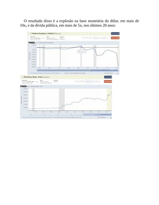 O resultado disso é a explosão na base monetária do dólar, em mais de
10x, e da dívida pública, em mais de 5x, nos últimos 20 anos:
 