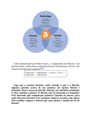 Como demonstrado por Parker Lewis, a compreensão do Bitcoin é um
processo lento, assim como a construção de uma infraestrutura, em um ciclo
virtuoso ilustrado pelo esquema[194]:
Logo que o usuário iniciante, noob, entende o que é o Bitcoin,
algumas questões acerca de sua natureza são típicas: bitcoin é
pirâmide? Qual o lastro do bitcoin? Bitcoins vão substituir totalmente
as fiats (moedas estatais)? O Bitcoin não foi hackeado ou fraudado?
Será destruído pela computação quântica? Quando eu morrer, para
onde irão meus bitcoins? Era vantagem comprar no início, não agora!
Não é melhor comprar a shitcoin que custa apenas 1 satoshi em vez de
bitcoin?
 