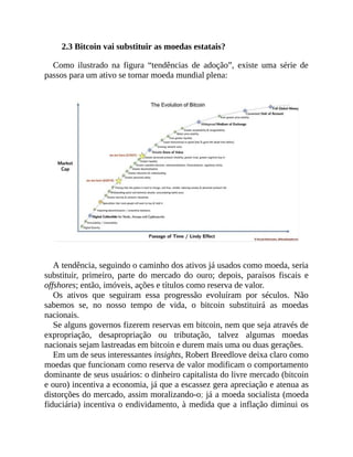 2.3 Bitcoin vai substituir as moedas estatais?
Como ilustrado na figura “tendências de adoção”, existe uma série de
passos para um ativo se tornar moeda mundial plena:
A tendência, seguindo o caminho dos ativos já usados como moeda, seria
substituir, primeiro, parte do mercado do ouro; depois, paraísos fiscais e
offshores; então, imóveis, ações e títulos como reserva de valor.
Os ativos que seguiram essa progressão evoluíram por séculos. Não
sabemos se, no nosso tempo de vida, o bitcoin substituirá as moedas
nacionais.
Se alguns governos fizerem reservas em bitcoin, nem que seja através de
expropriação, desapropriação ou tributação, talvez algumas moedas
nacionais sejam lastreadas em bitcoin e durem mais uma ou duas gerações.
Em um de seus interessantes insights, Robert Breedlove deixa claro como
moedas que funcionam como reserva de valor modificam o comportamento
dominante de seus usuários: o dinheiro capitalista do livre mercado (bitcoin
e ouro) incentiva a economia, já que a escassez gera apreciação e atenua as
distorções do mercado, assim moralizando-o; já a moeda socialista (moeda
fiduciária) incentiva o endividamento, à medida que a inflação diminui os
 