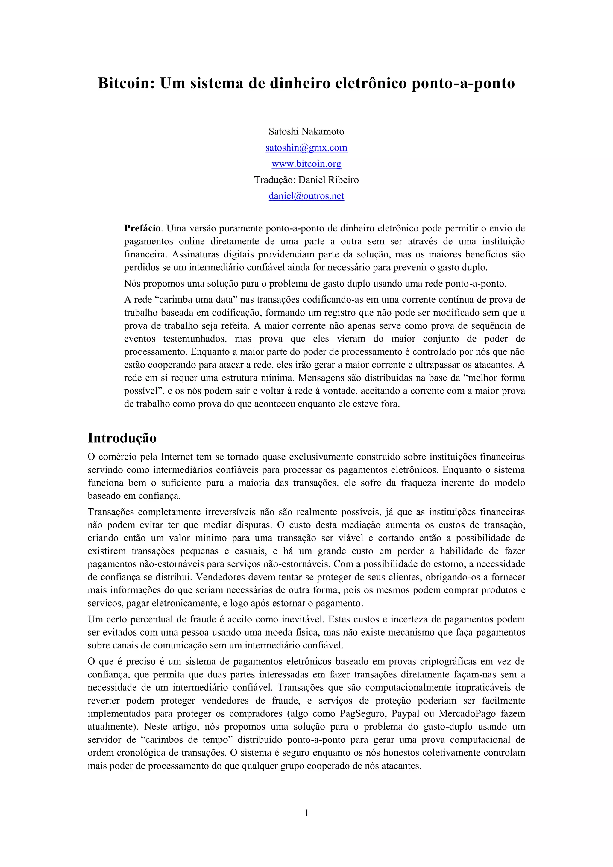 Bitcoin White Paper. Artigo original traduzido para o português | PDF