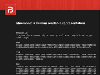 Mnemonic:
“region clock summer pig account pistol under maple trash organ
idea laugh”
Hex:
bba8844939bb875c81d956ddb723180fee1217596c5bb8be2826c743e3922fb9bd
fad8b6d8afb09b23ac4fe1e209c4c5c93539165804309c388f9c381903ebfd
Int:
982846101892683200542478295468301190003993215044065721400615115897
630304237843873081670725340206594483057811523827869114800091709139
8156914557840747916285
Bin:
101110111010100010000100010010010011100110111011100001110101110010
000001110110010101011011011101101101110010001100011000000011111110
111000010010000101110101100101101100010110111011100010111110001010
000010011011000111010000111110001110010010001011111011100110111101
Mnemonic = human readable representation
 