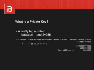 - A really big number
- between 1 and 2^256
115792089237316195423570985008687907852837564279074904382605163141
518161494400
^---- ~ 11 with 77 0's
1000000000000
1000000000
One million -> 1000000
What is a Private Key?
 