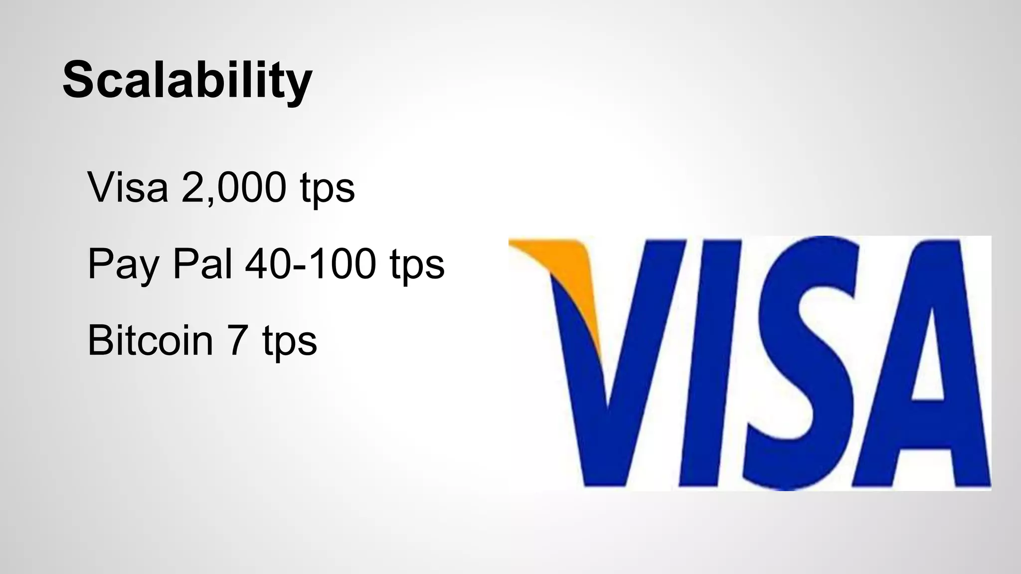 Scalability
Visa 2,000 tps
Pay Pal 40-100 tps
Bitcoin 7 tps
 