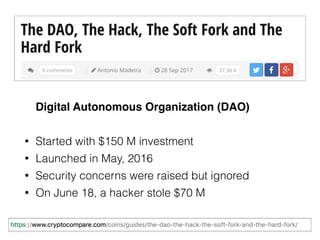 Digital Autonomous Organization (DAO)
• Started with $150 M investment
• Launched in May, 2016
• Security concerns were raised but ignored
• On June 18, a hacker stole $70 M
 