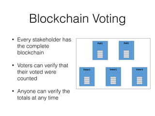 Blockchain Voting
• Every stakeholder has
the complete
blockchain
• Voters can verify that
their voted were
counted
• Anyone can verify the
totals at any time
 