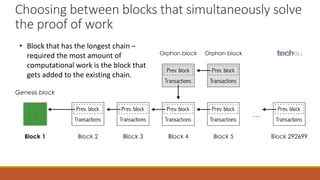 Choosing between blocks that simultaneously solve
the proof of work
• Block that has the longest chain –
required the most amount of
computational work is the block that
gets added to the existing chain.
 
