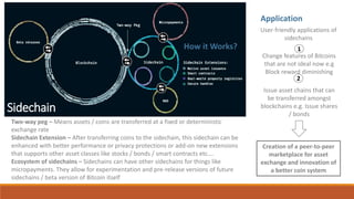 How it Works?
Sidechain
Two-way peg – Means assets / coins are transferred at a fixed or deterministic
exchange rate
Sidechain Extension – After transferring coins to the sidechain, this sidechain can be
enhanced with better performance or privacy protections or add-on new extensions
that supports other asset classes like stocks / bonds / smart contracts etc….
Ecosystem of sidechains – Sidechains can have other sidechains for things like
micropayments. They allow for experimentation and pre-release versions of future
sidechains / beta version of Bitcoin itself
Application
1
User-friendly applications of
sidechains
Change features of Bitcoins
that are not ideal now e.g
Block reward diminishing
2
Issue asset chains that can
be transferred amongst
blockchains e.g. Issue shares
/ bonds
Creation of a peer-to-peer
marketplace for asset
exchange and innovation of
a better coin system
 